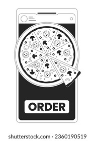 Order pizza by smartphone bw concept vector spot illustration. Using gadget for buying food 2D cartoon flat line monochromatic object for web UI design. Editable isolated outline hero image