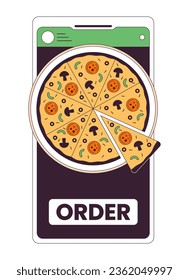 Pedir pizza por medio de la ilustración de manchas vectoriales de línea plana de smartphone. Utilizando gadget para comprar alimentos 2D dibujo de dibujos animados objeto en blanco para diseño de interfaz de usuario web. Imagen de héroe de color aislado editable