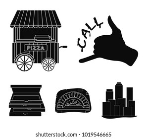 Order pizza gesture, box for pizza, oven, trailer. Pizza and pizzeria set collection icons in black style vector symbol stock illustration web.