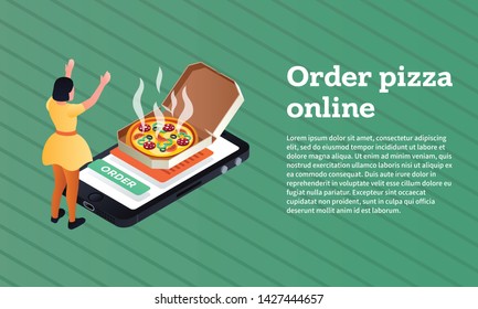 Order pizza online concept banner. Isometric illustration of order pizza online vector concept banner for web design