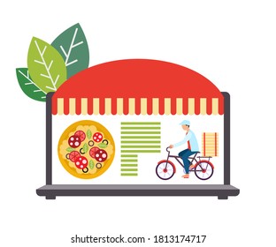 Order pizza online with delivery on the website on the Internet. Delivery man on a bike with pizza on the trunk. Vector illustration.