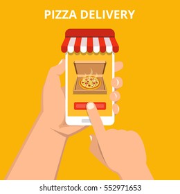 Order pizza online. Hand holding smartphone with pizza on the screen. Order fast food concept. Flat vector illustration.