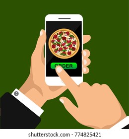 Order pizza online. Hand holding smartphone with pizza on the screen.  ?ustomer clicks the order button. Flat vector illustration. Isolated