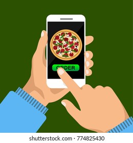 Order pizza online. Hand holding smartphone with pizza on the screen.  ?ustomer clicks the order button. Flat vector illustration. Isolated