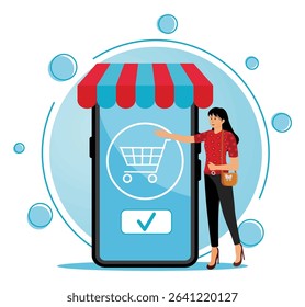 Order placed concept. Online store delivery.  Woman engaging with an online shopping app displayed as a digital storefront.