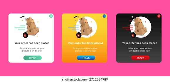 Plantilla de notificación de diseño emergente de pedido realizado. Vector