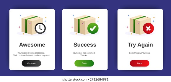 Plantilla de notificación de diseño emergente de pedido realizado. Vector