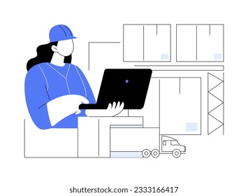 Order placement abstract concept vector illustration. Logistic woman controls order delivery with laptop, export business, foreign trade, goods transportation management abstract metaphor.