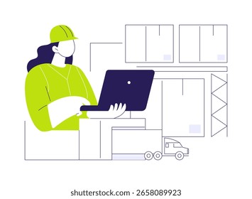 Ilustração de vetor de conceito abstrato de colocação de ordem. Mulher logística controla a entrega de pedidos com laptop, negócios de exportação, comércio exterior, metáfora abstrata de gerenciamento de transporte de mercadorias.