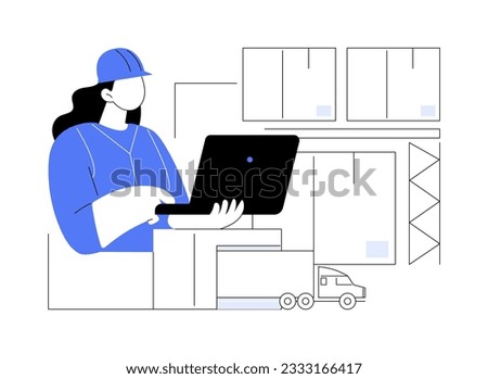 Order placement abstract concept vector illustration. Logistic woman controls order delivery with laptop, export business, foreign trade, goods transportation management abstract metaphor.