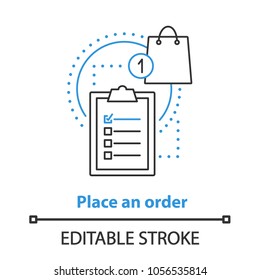 Order placing concept icon. Shopping idea thin line illustration. Merchandise. Vector isolated outline drawing. Editable stroke