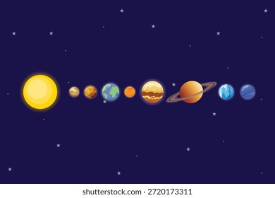 Orden de planetas en el sistema solar contra el telón de fondo de las estrellas. Estrella lunar Planeta solar Concepto. Ilustración vectorial plana coloreada aislada