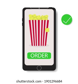 Order popcorn online in mobile app vector illustration. Food delivery smart phone