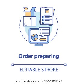 Order preparing concept icon. Goods dispatch idea thin line illustration. Preparation parcels for shipping. Checking data in computer and clipboard. Vector isolated outline drawing. Editable stroke