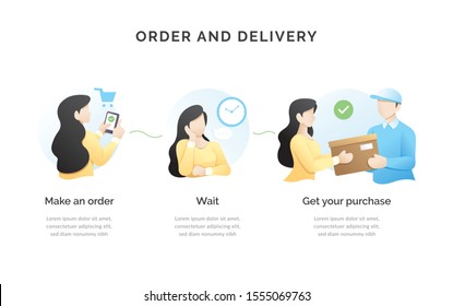 Order process concept illustration. A woman shopping online via smartphone, Waiting for delivery, Receive good from purchase