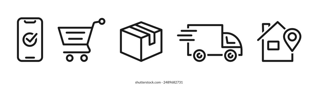 Order process concept. Shopping online and delivery icons set. Vector illustration.