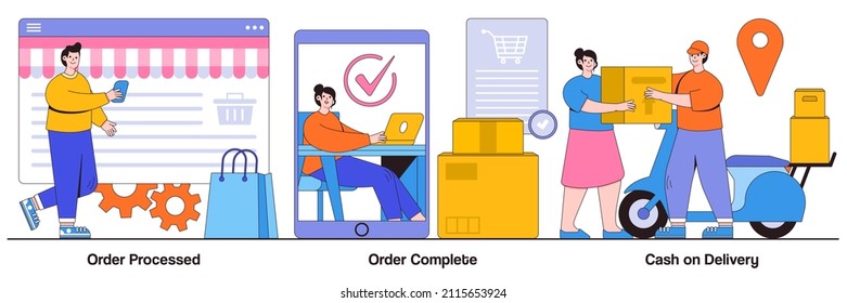 Order processed, order complete, cash on delivery concept with tiny people. Purchase process vector illustration set. Online store, e-commerce website, shipping details, delivery service metaphor.