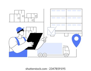 Bestellen Sie abstraktes Konzept, Vektorgrafik. Lagerarbeiter mit Tablet-Kontrollauftrag für Transport-, Export- und Importgeschäft, abstrakte Metapher der Außenhandelsbranche.