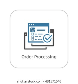 Order Processing Icon. Flat Design Isolated Illustration. App Symbol or UI element. Web Page with Order and Check Mark.