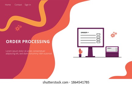 Order processing landing page - online shopping and fast delivery concept. Processing online purchase on monitor and printer. Vector stock flat illustration isolated on abstract white background