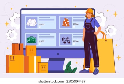 Order processing in online store. Woman in uniform near cardboard boxes and monitor screen. Warehouse worker and manager makes order. Online shopping and ecommerce. Flat vector illustration