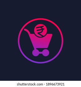 order processing, shopping cart with rupee icon, vector