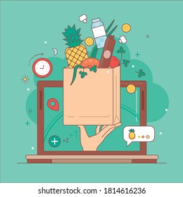 Order products online.Laptop monitor with craft package.Different products from grocery in it.Vector illustration in flat style.