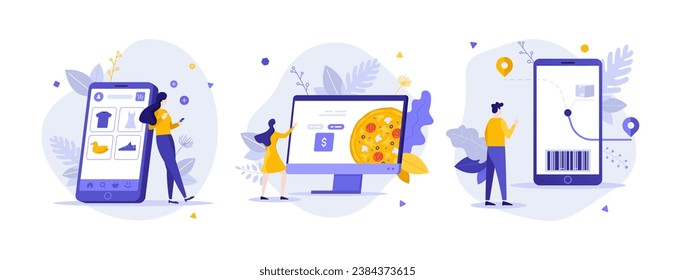Order products via apps flat concept vector illustrations set. Buy and track goods on internet stores cartoon composition. E commerce technology of modern business idea for website, presentation