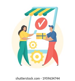 Order Received. Flat Vector Illustration. Mobile Shopping Order Status Icon. Female Cartoon Character Customer Receiving Order And Paying Courier With Card.