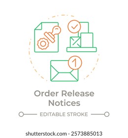 Order release notices duo tone concept icon. Authorizations to commence procurement for production. MRP output. Round two color outline illustration. Abstract vector design. Easy to use in article