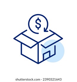 Order return with refund from store. Parcel box and dollar with renew arrow. Pixel perfect icon
