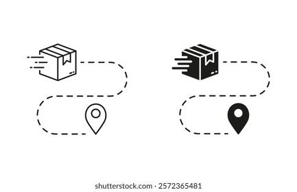 Order Route Sign. Shipment Distance, Pin on Map with Box Line and Silhouette Icon Set. Delivery Service Path Symbol. Editable Stroke. Isolated Vector Illustration.