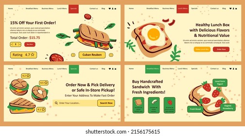 Order sandwich online, restaurant web page set. Buy handcrafted food at website landing banner collection, vector illustration. Flat product at delivery service, special offer with discount