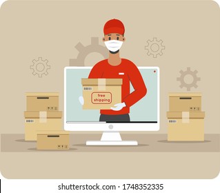 Bestellen Sie sichere Kurierdienste online mit Ihrem Computer. Schnelle Bestellung des Kuriers und Lieferung des Pakets, Fracht während der Pandemie, nicht aus dem Haus. Vektorgrafik