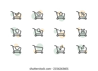 Order set icon. Shopping cart with tick, coin, star, percent, plus, heart, load, shield. Money, buy, purchase, goods. Vector line icon for Business and Advertising