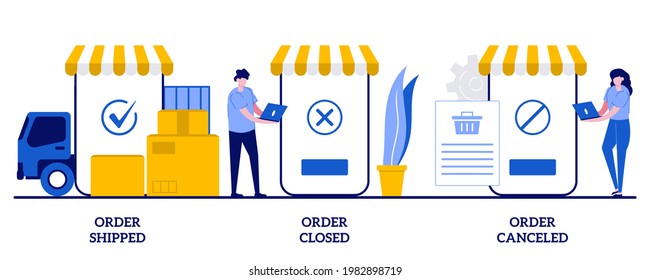 Order shipped, order closed, order canceled concept with tiny people. Parcel tracking system, digital shopping, online purchase distribution abstract vector illustration set.