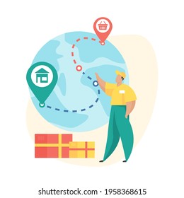 Order shipped. Flat vector illustration. Mobile shopping order status icon. Deliverer stands next to globe with parcel traking path marked with pins. Logistic, international delivery service