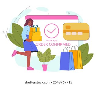 Order in shopping. Woman with gifts near bank card. Cashless transfers and transactions. Merchandise and ecommerce, marketing. Flat vector illustration isolated on white background