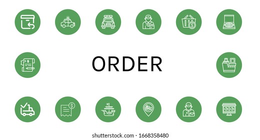 order simple icons set. Contains such icons as Return, Police car, Deliveryman, Shopping basket, Pizza box, Delivered, Invoice, Ship, Postman, can be used for web, mobile and logo
