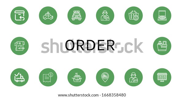 order
simple icons set. Contains such icons as Return, Police car,
Deliveryman, Shopping basket, Pizza box, Delivered, Invoice, Ship,
Postman, can be used for web, mobile and
logo