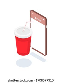 Solicite agua espumosa en un vaso de plástico desechable en línea a través de la aplicación en su smartphone. Entrega de alimentos a través de Internet. Ilustración isométrica vectorial con elementos de diseño web.