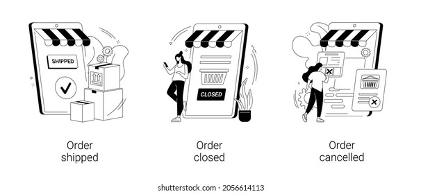 Order status abstract concept vector illustration set. Order shipped, closed or cancelled, e-commerce online store, express shipment, customer account shipping details, notification abstract metaphor.