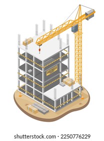 Orden para detener la desaprobación del trabajo Problema de la construcción de emergencia cierre Edificio bajo construcción y Hammerhead Tower Crane sistema de elevación de carga pesada ilustración aislado isométrico 