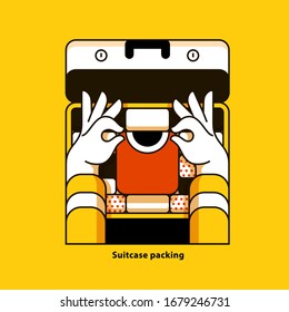 The order in the suitcase. Collect clothes on the trip. Hands are packing. Interesting vector web illustration for your projects. Flat line style. Yellow background.