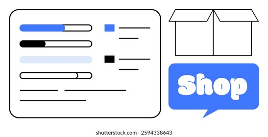 Order summary chart beside a cardboard box and Shop sign. Ideal for online shopping e-commerce order management shipping logistics and retail business. Simple clean vector style