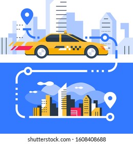 Order taxi, fast service, auto transportation, rental car, city transfer, carsharing concept, map pointer and downtown, modern cityscape, vector flat illustration