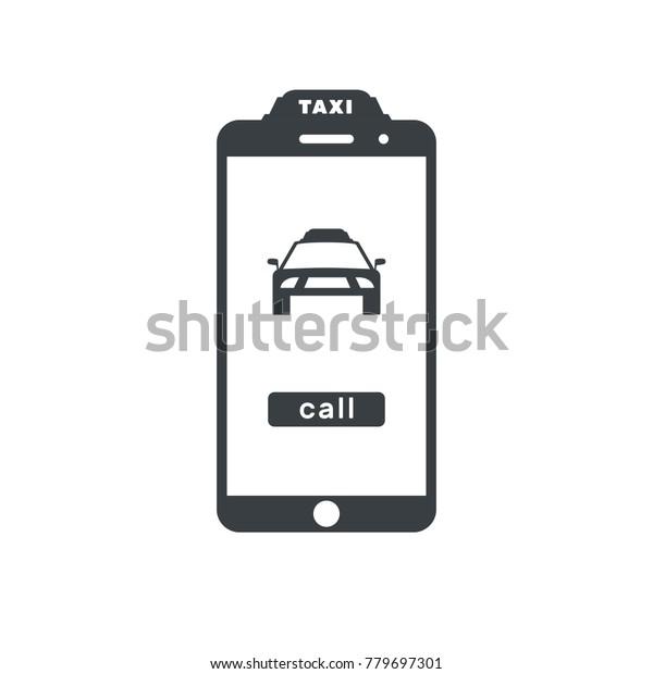 Order taxi online icon, smarfon with application,\
vector illustration flat, machine, label coordinates, black, white,\
gray