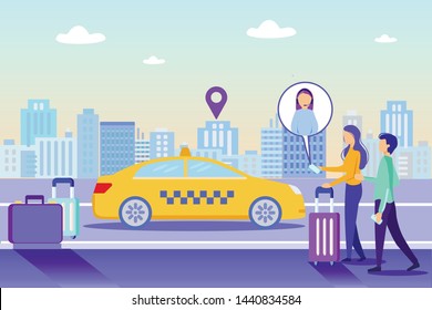 Order Taxi Online Service. People Tourist with Baggage, Girl Call Online Support, Order Cab Vector Illustration. Woman Operator Help. Mobile Phone App. Internet Application Car Fast Delivery