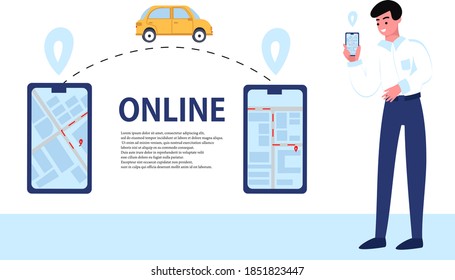 Pide un taxi en línea usando tu teléfono. Ilustración con teléfonos y un gerente masculino. Vector plano