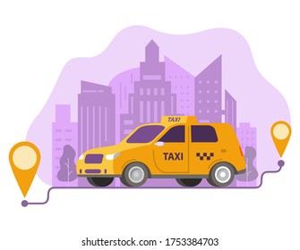 Order taxi route and points location on a city.Yellow cab car and urban landscape. City skyline with skyscrapers.Urban transport vehicle illustration vector.